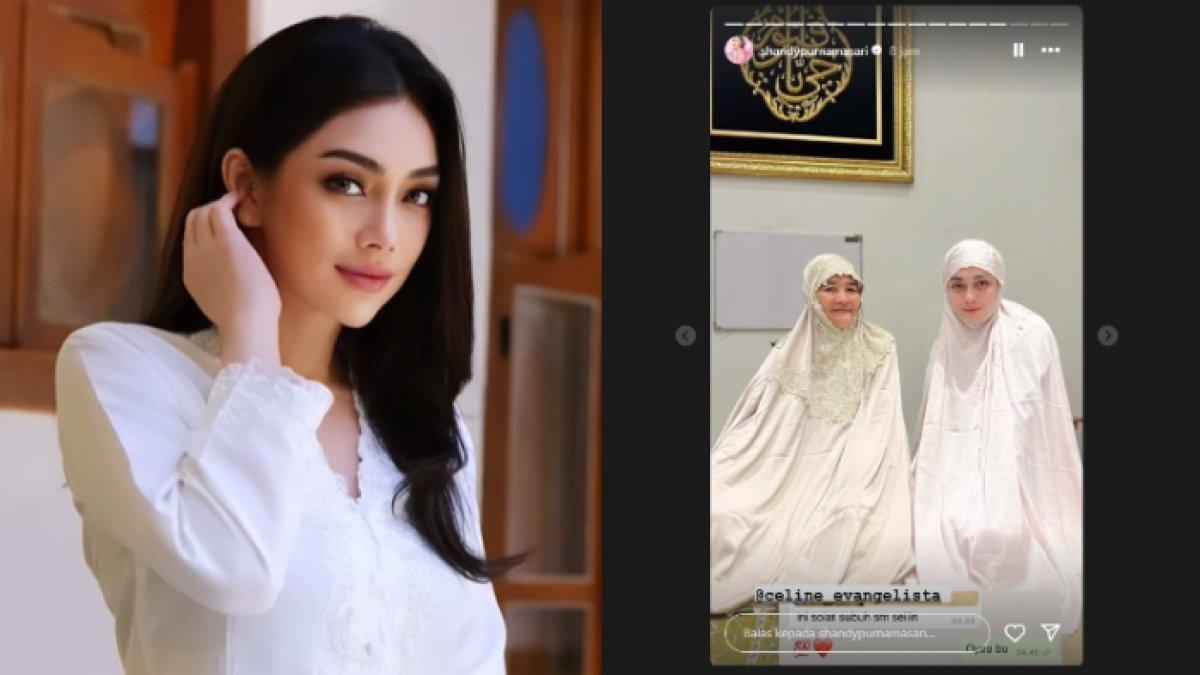 Celine terlihat menjalankan salat Subuh bersama ibu dari Shandy Purnamasari