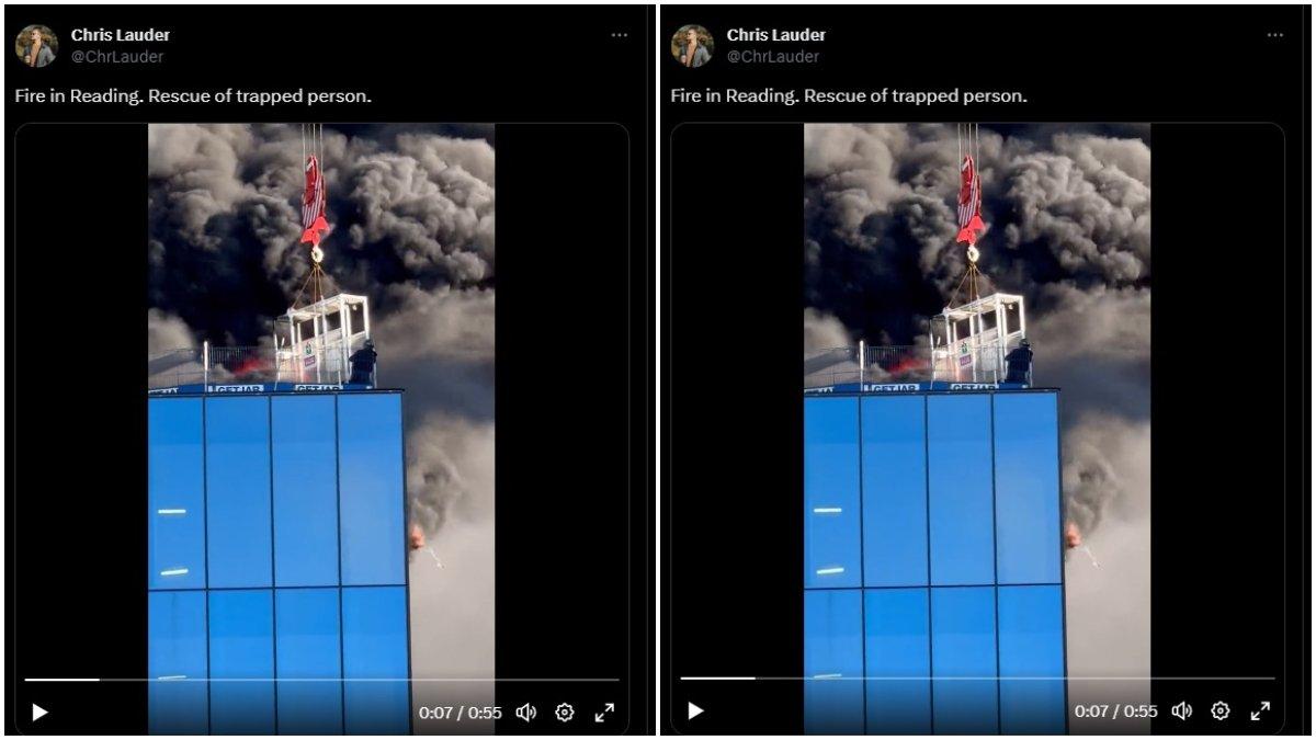 Detik-detik penyelamatan tukang bangunan yang terjebak di atas gudang yang terlalap api besar.