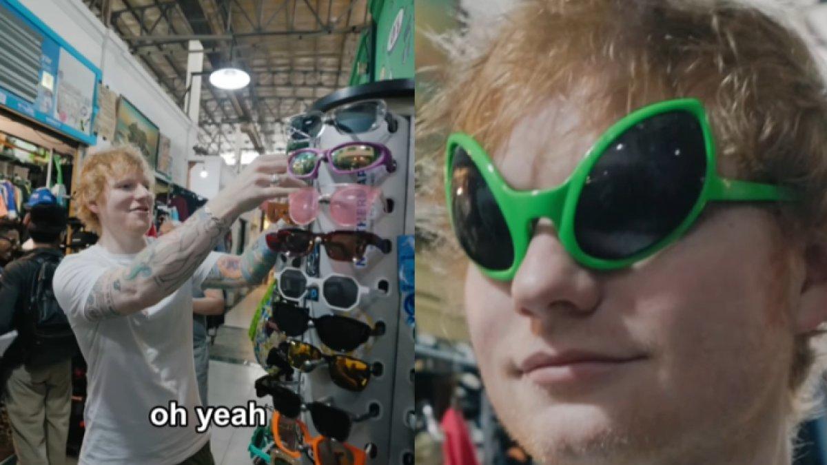 Ed Sheeran mencoba kacamata unik berwarna hijau