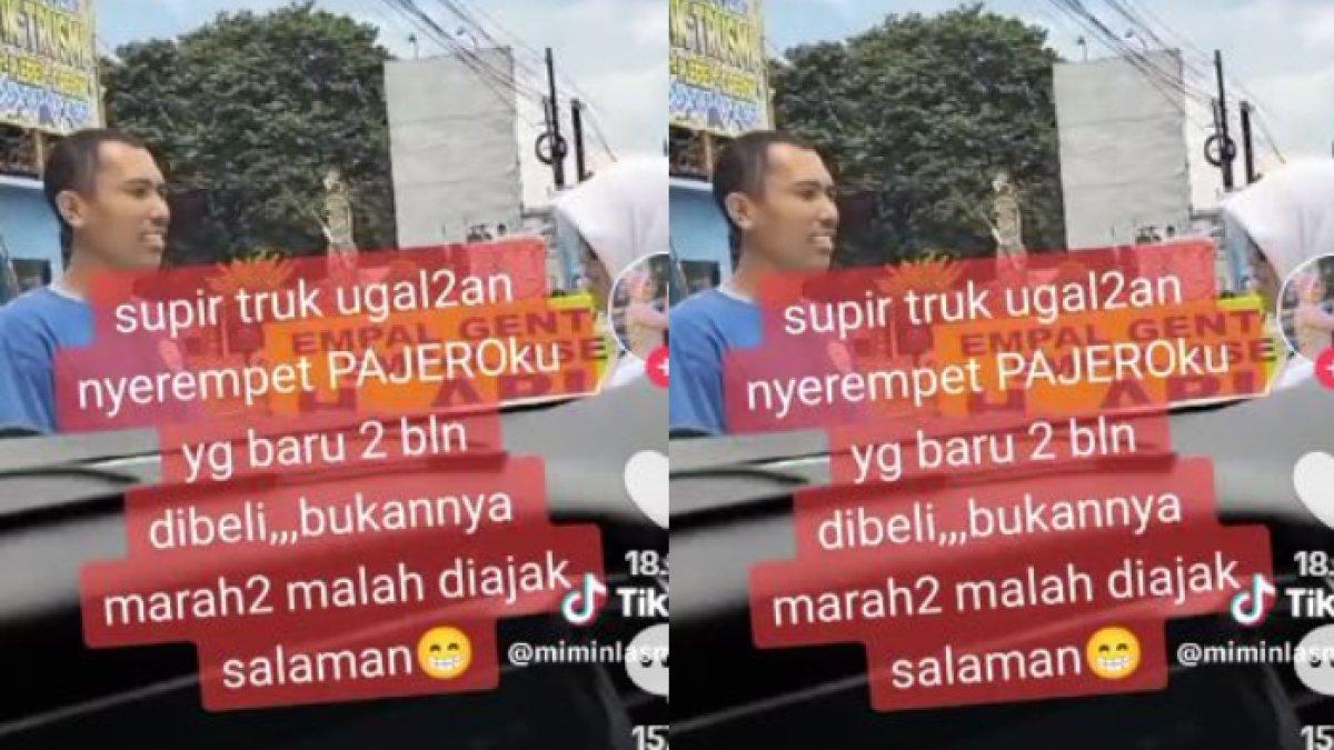 Emak-emak ajak salaman sopir truk yang menabrak mobil Pajeronya