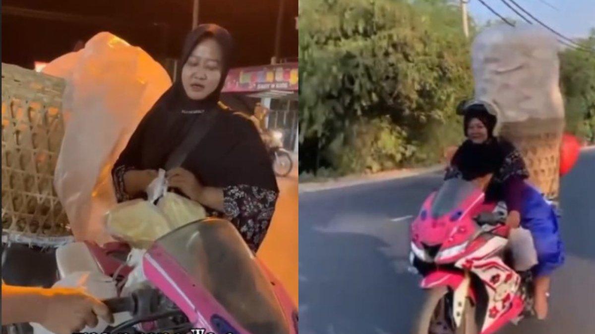 Emak-emak nyentrik jualan kerupuk naik motor sport