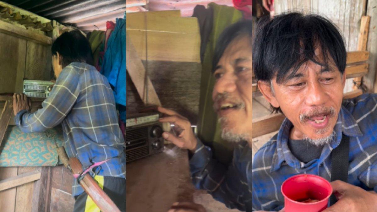 Epy mengulik radio lawasa dan mencicipi kopi duren sambil bersantai di gubuk.
