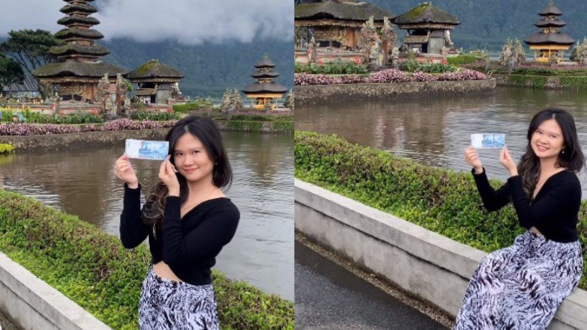 Felicia Tissue bepose dengan background Pura Bedugul seperti yang ada di uang pecahan lima puluhan