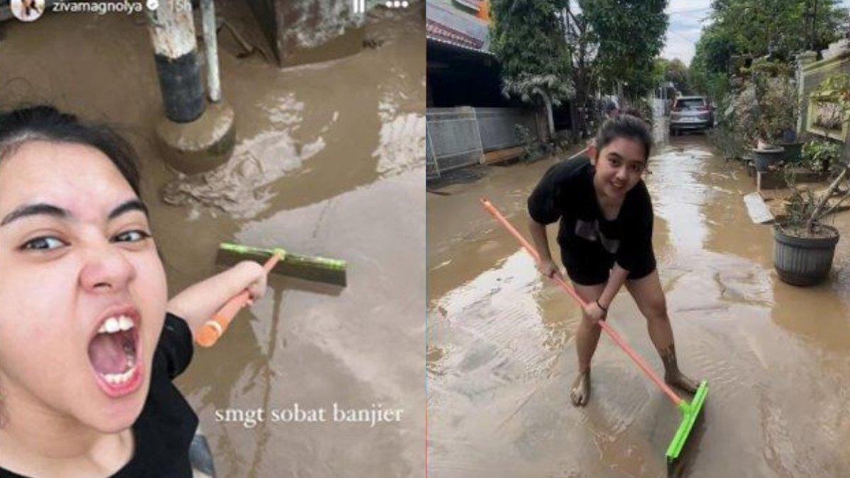 BERSIHKAN SISA BANJIR - Gaya Ziva Magnolya pakai celana pendek, kaos oblong saat bersihkan lumpur usai rumah kebanjiran, beda jauh ketika di panggung. 