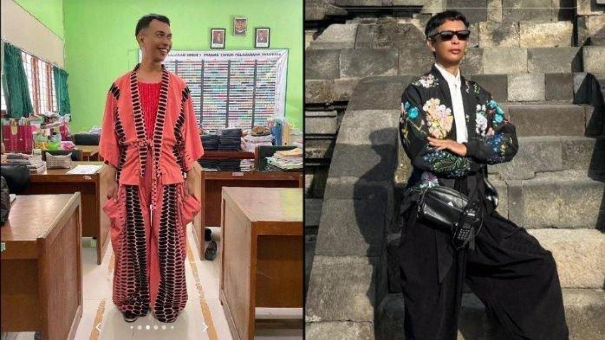 Guru Program Keahlian Busana SMK N 1 Pandak, Indra Gunawan, sedang memberikan edukasi soal tata busana sembari mengenakan pakaian karya siswanya