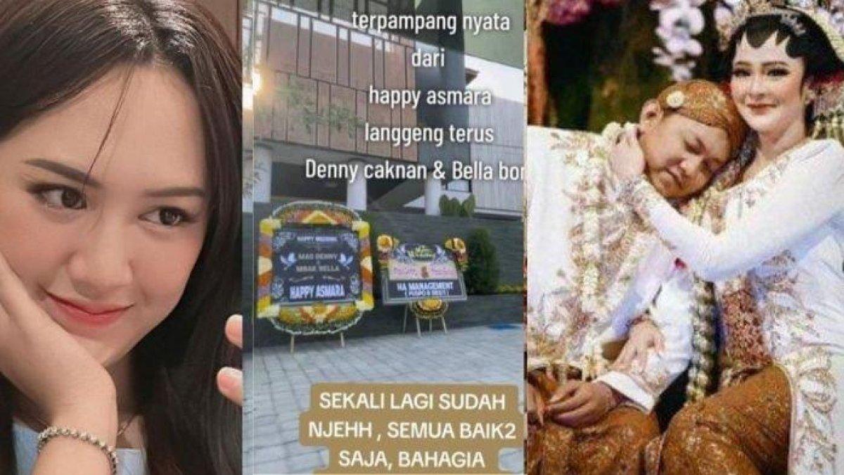 Happy Asmara (kiri) mengirim karangan bunga (tengah) kepada Denny Caknan dan Bella Bonita (kanan)