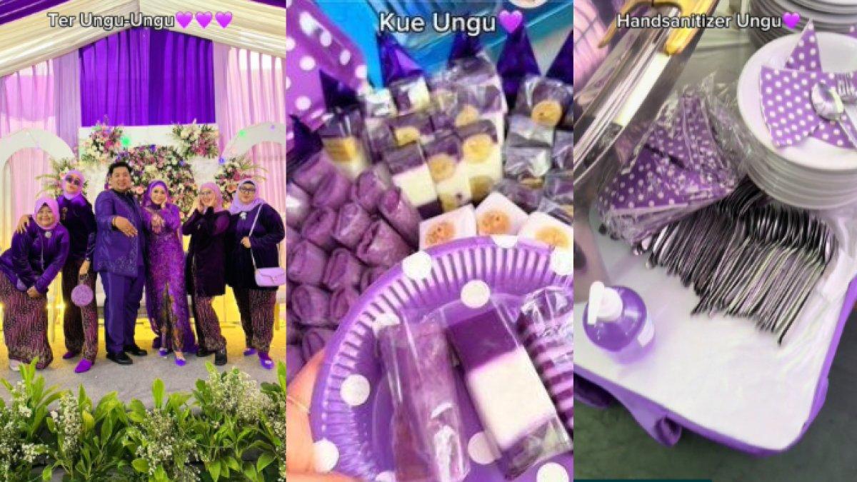 Heboh pernikahan usung konsep serba ungu, mulai dari busana pengantin sampai makanan para tamu