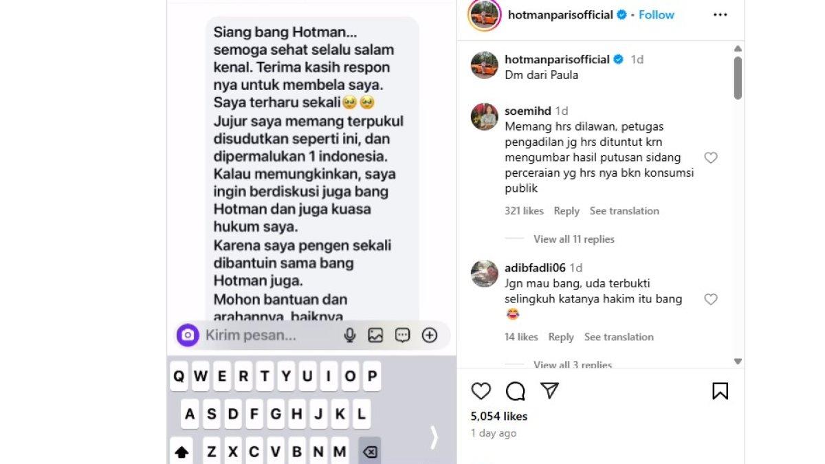 HOTMAN PARIS BANTU PAULA VERHOEVEN - Hotman Paris membagikan isi pesan pribadi dari Paula Verhoeven yang dikirim melalui direct message di Instagram.