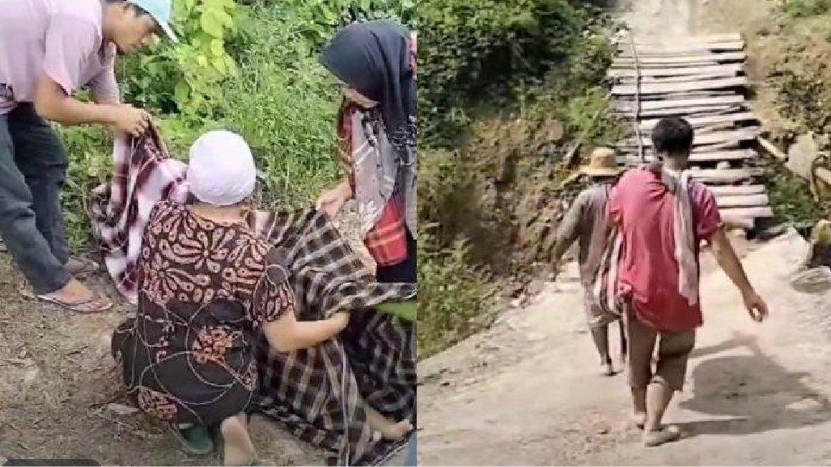 Ibu habis melahirkan di Padang Lawas Utara dibawa pakai tandu lantaran jembatan nyaris amblas.