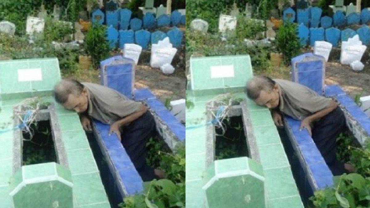 Innalillahi, kakek sebatang kara meninggal sambil peluk makam orang tua