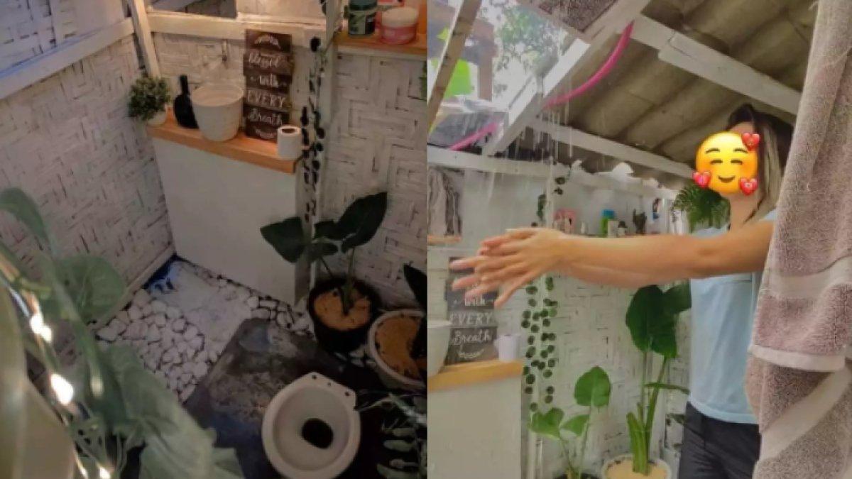 Interior dalam kamar mandi yang luarnya tampak reyot