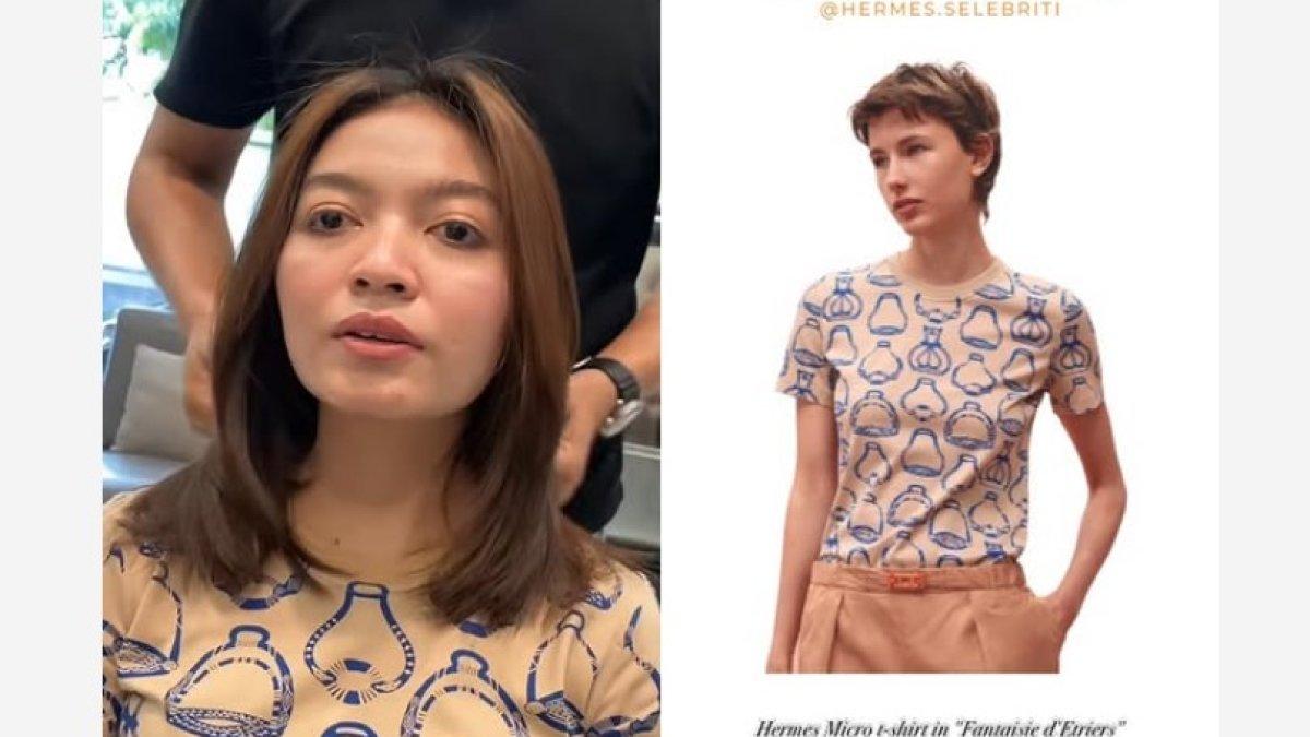 GAYA MEWAH SELVI ANANDA - Istri Gibran Rakabuming ini mengenakan kaos Hermes Micro T-Shirt Fantaisie d’Etriers saat perawatan rambut di salon langganannya di Solo, Jawa Tengah. 