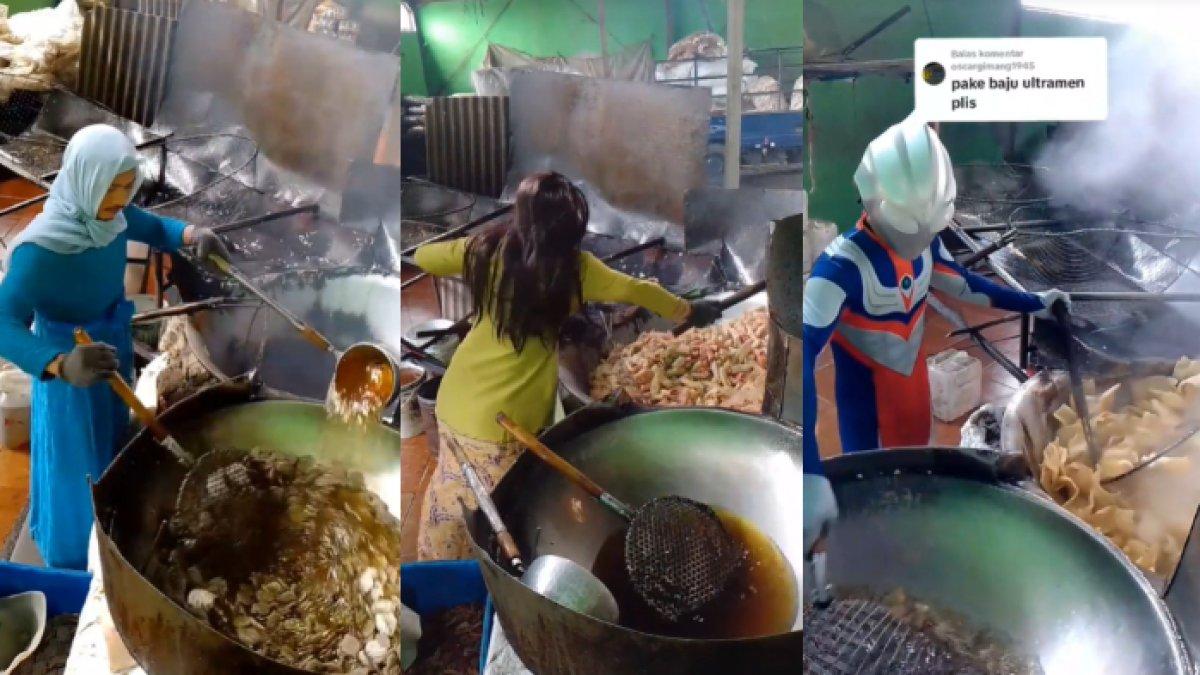 Sosok penggoreng kerupuk yang viral karena sering cosplay pakai pakaian nyentrik mulai gamis, kebaya hingga kostum ultramen.