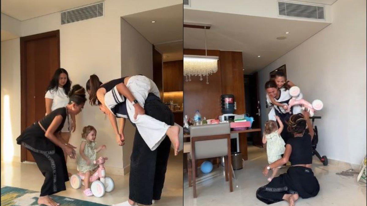 POTRET AKRAB - Jennifer Coppen digendong dari belakang oleh Zoe Wassink