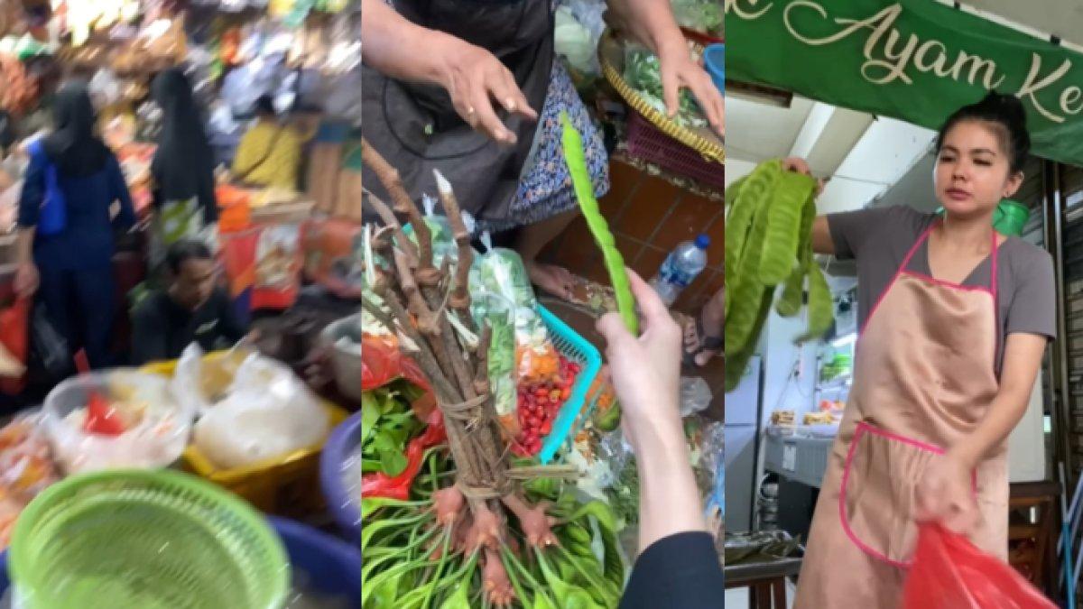 Karina turun langsung ke pasar untuk belanja bahan makanan.