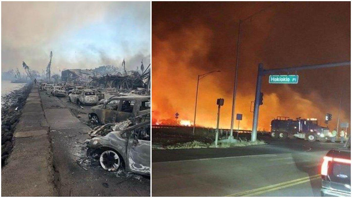Kebakaran hutan yang dipicu oleh angin Badai Dora di Lahaina, Hawaii pada 9 Agustus 2023.
