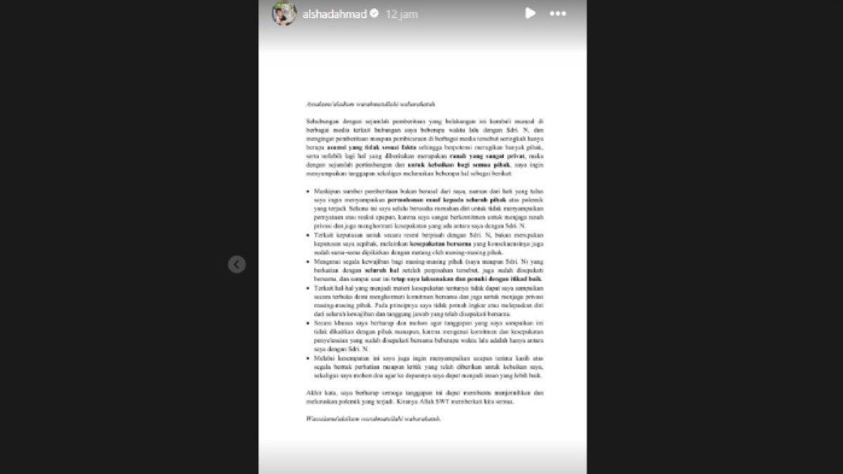 Alshad Ahmad masih menanggung kewajiban pada Nissa Asyifa.