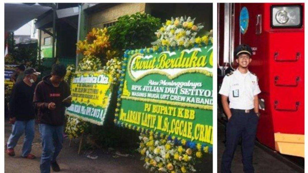 Kolase Foto Rumah Duka Masinis KA Bandung Raya Julian Dwi Setiyono dan foto Julian Dwi Setiyono (28). Rencana Julian Dwi Setiyono (28) merayakan momen bahagia dengan istri, Santika Fujasari (28) harus terkubur. Julian Masinis KA Bandung Raya yang tewas dalam tabrakan kereta api di Cicalengka, Jumat (5/1/2024).