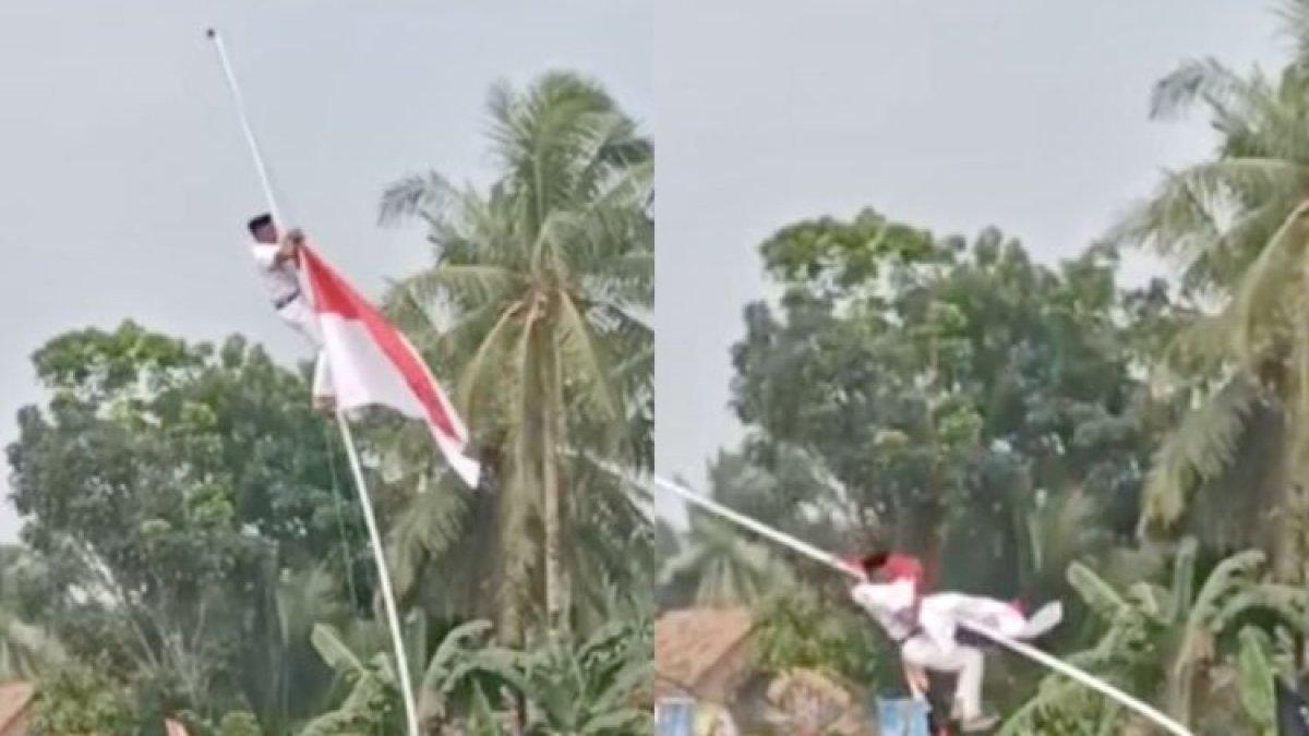 Kolase bidik layar video insiden tiang bendera patah di Lampung Selatan