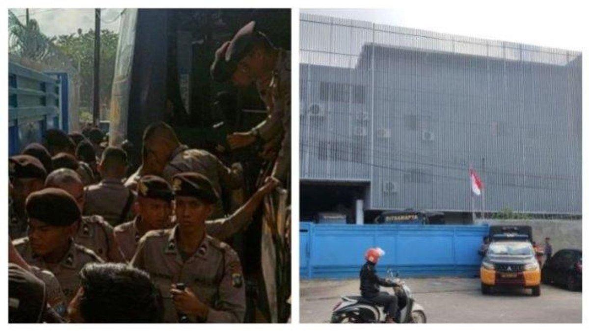 Kolase foto ratusan anggota Sat Sabara Polda kepri diturunkan dalam penggerbekan gedung yang berisi puluhan WNA di Batam dan penampakan gedung yang digerebek oleh Polda kepri serta Interpol, diduga puluhan WNA China ini terkait dengan kejahatan Skimming.