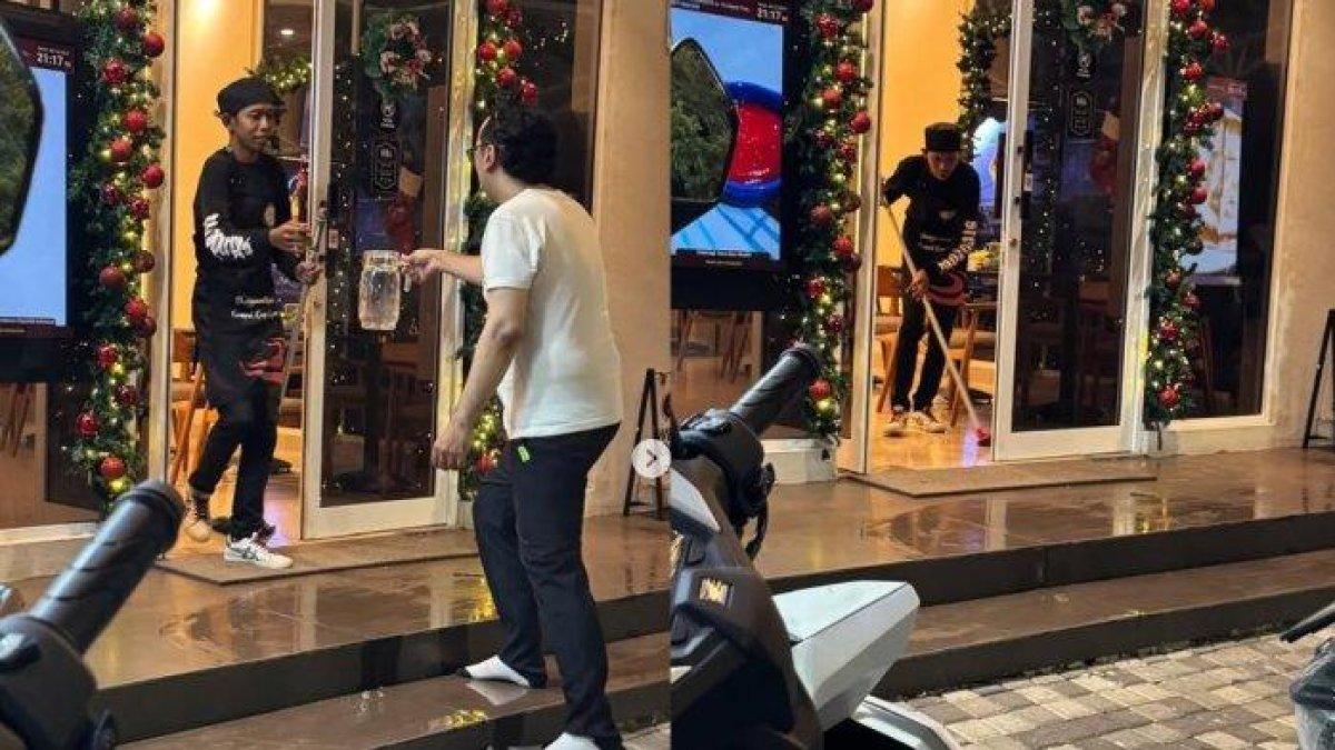 Kolase sosok mirip komedian Dede Sunandar jadi pramusaji di kafe kawasan PIK, Jakarta Utara.