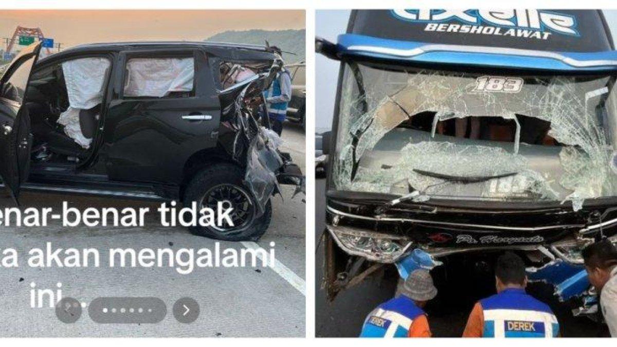 Kondisi mobil yang ditabrak lari oleh bus PO Haryanto di tol.