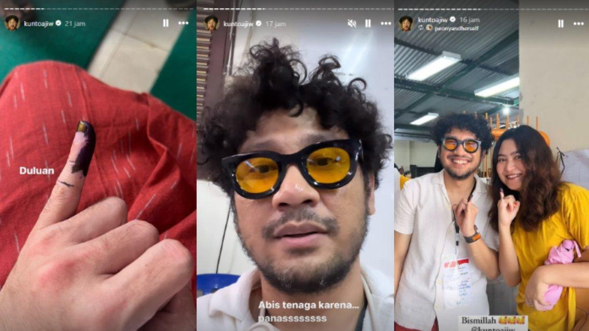 Kunto Aji memakai kemeja putih yang dipadukan dengan bawahan kain warna terracotta