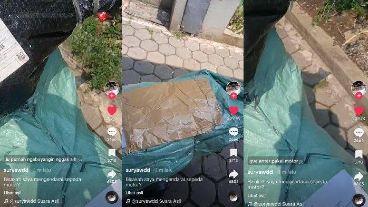 Kurir bingung bagaimana cara mengantar paket berisi motor, pasalnya ia bekerja naik motor juga