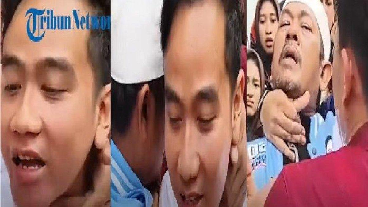 Leher Gibran Rakabuming ditarik oleh seorang pria hingga membuatnya tampak syok karena nyaris tercekik.