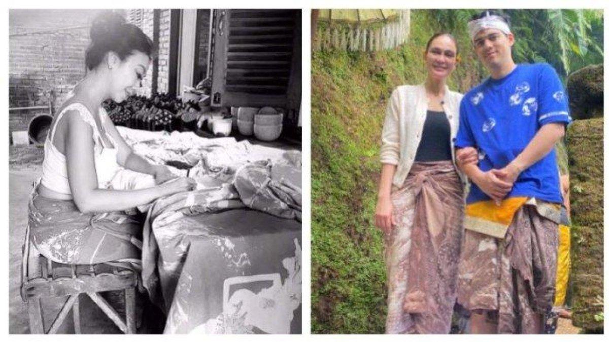 Luna Maya dan Maxime Bouttier mengenakan kain yang dirancang oleh Asri Welas di prosesi melukat.