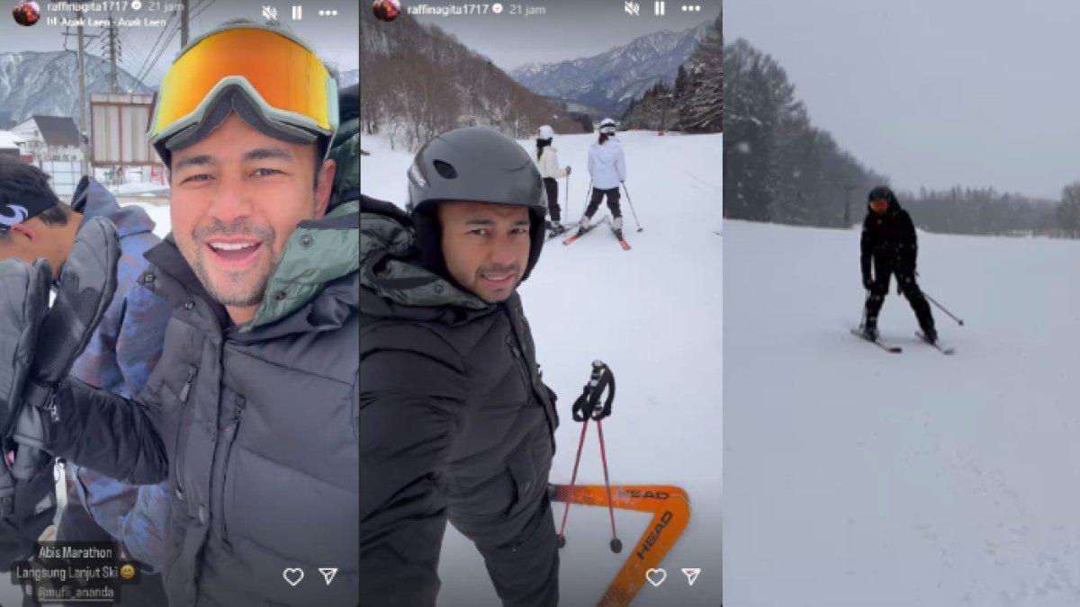 Meski baru saja mengikuti marathon, Raffi tetap antusias bermain ski.