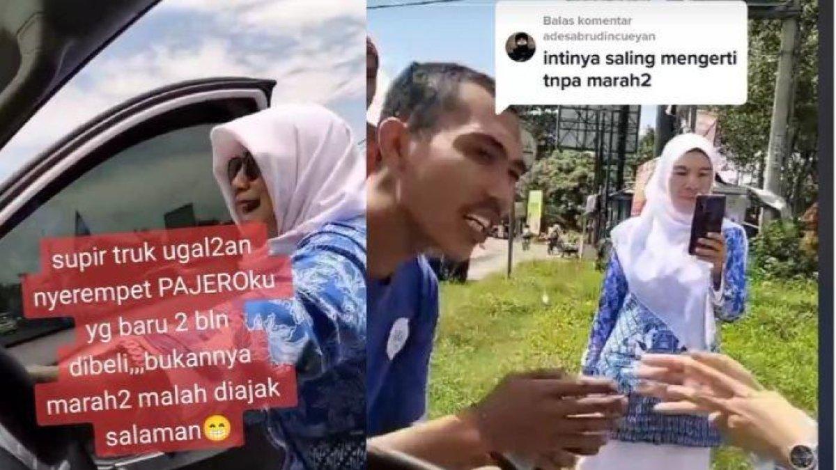 Mobil Pajero baru dibeli 2 bulan ditabrak, pria ini malah ajak salaman sopir truk