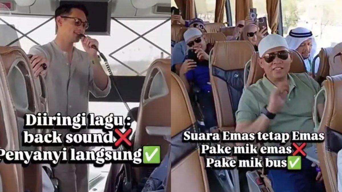 Momen Afgan nyanyi di bus bersama para jemaah haji.