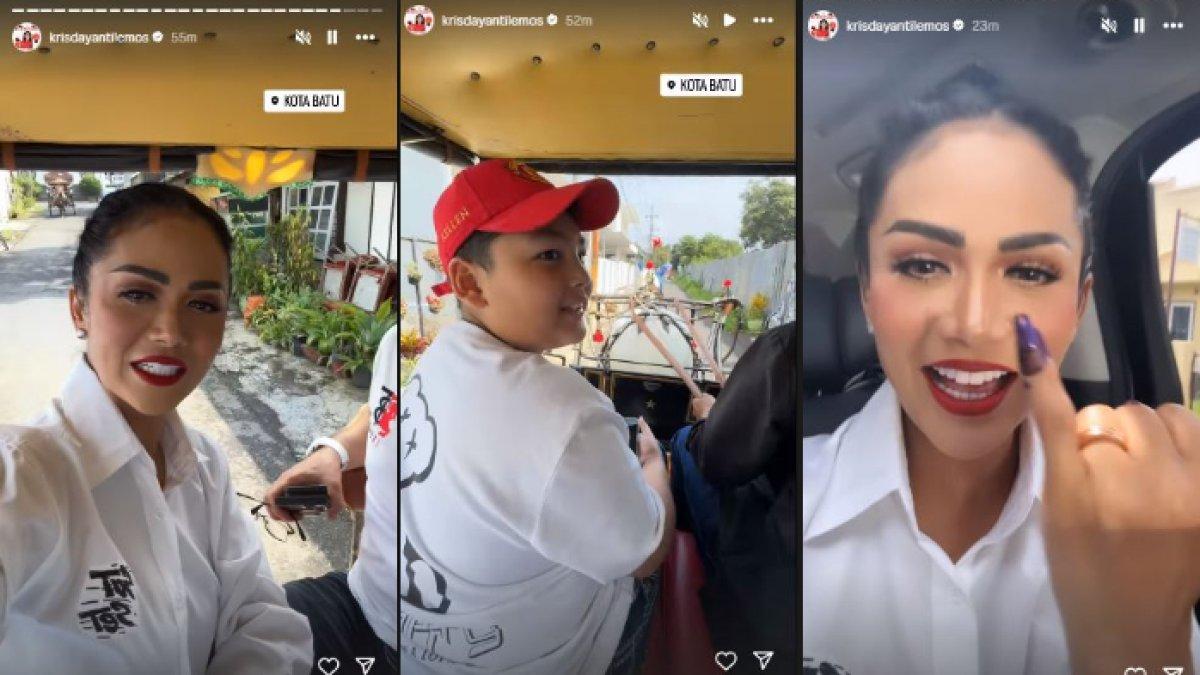 Momen Krisdayanti nyoblos ke TPS naik delman