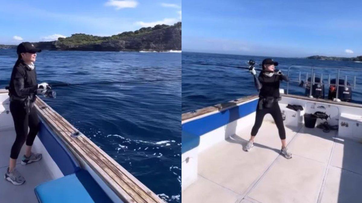 Momen Prilly Latuconsina mempelihatkan perjuangannya saat menarik ikan