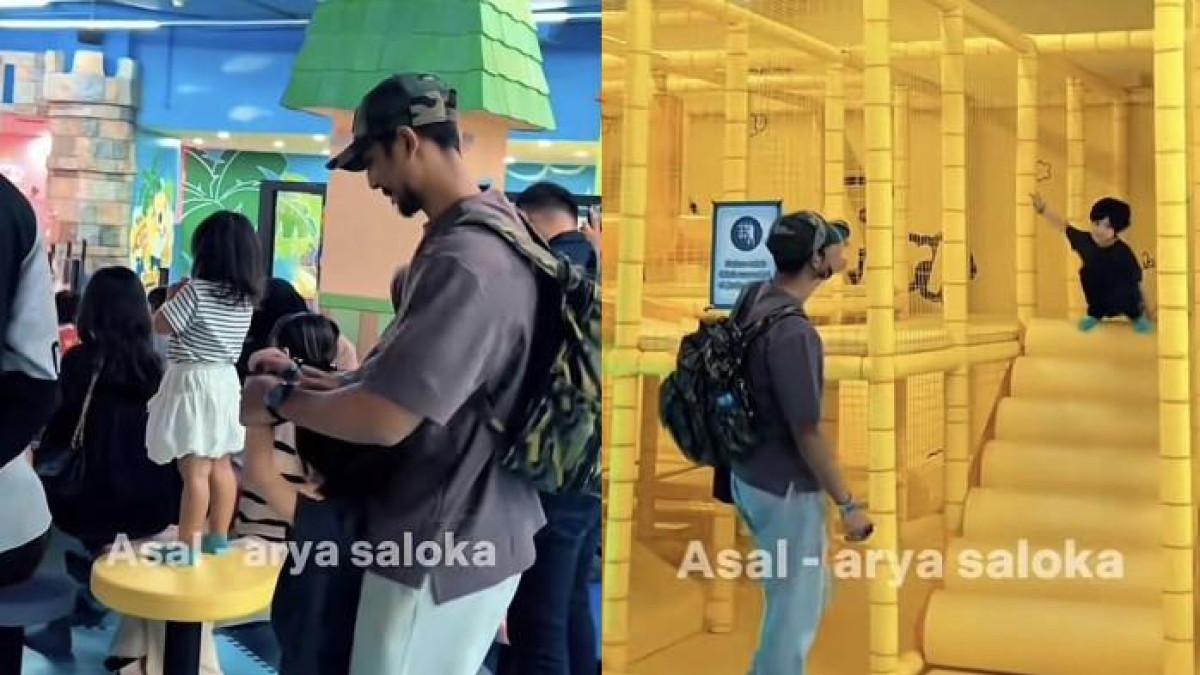 TEMANI ANAK - Momen aktor Arya Saloka temani Ibrahim Jalan Ad Din Rumi bermain dicapture (22/7/2025). Ramai dikaitkan Amanda Manopo efek baju ungu sang aktor.