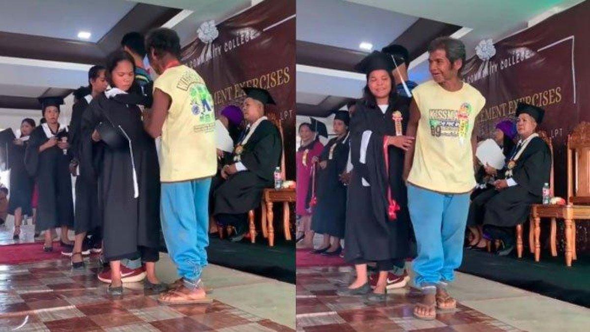 Momen ayah dampingi wisuda anaknya kenakan kaos lusuh dan sendal jepit