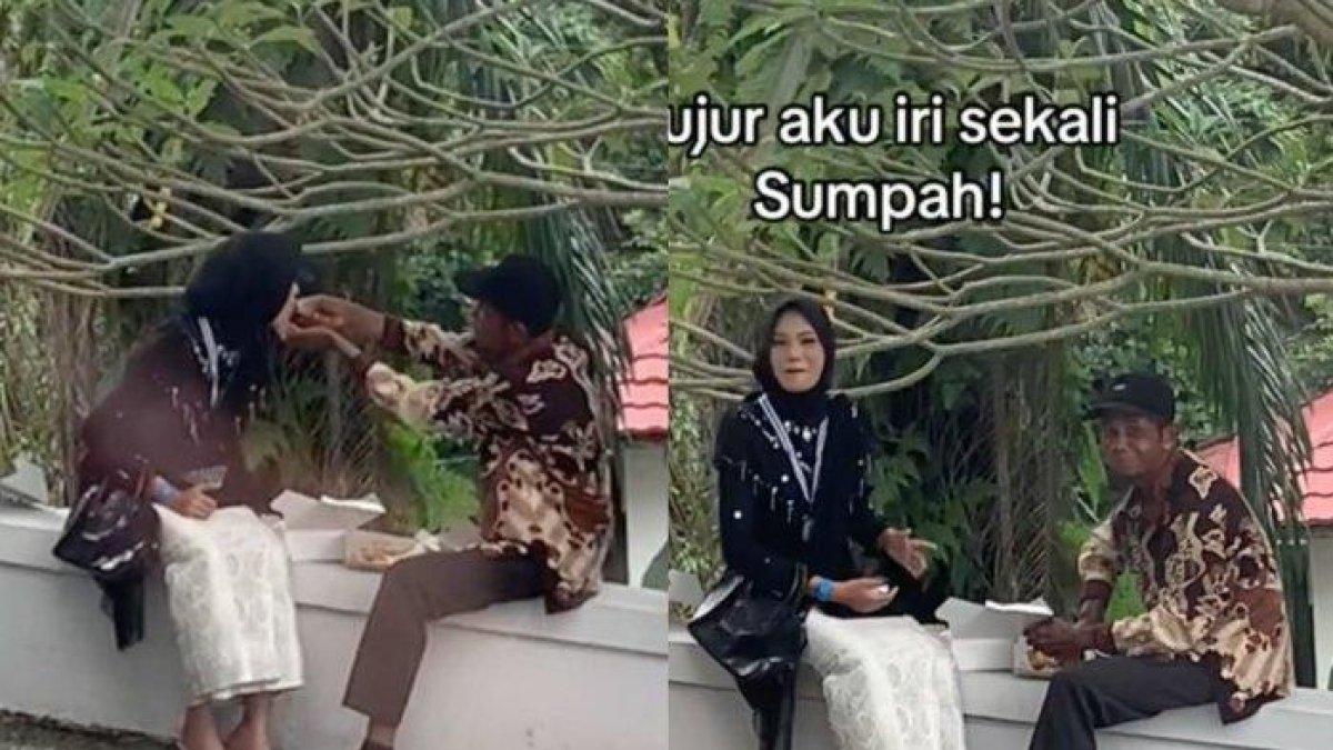 Momen haru ayah suapi putrinya di acara sekolah