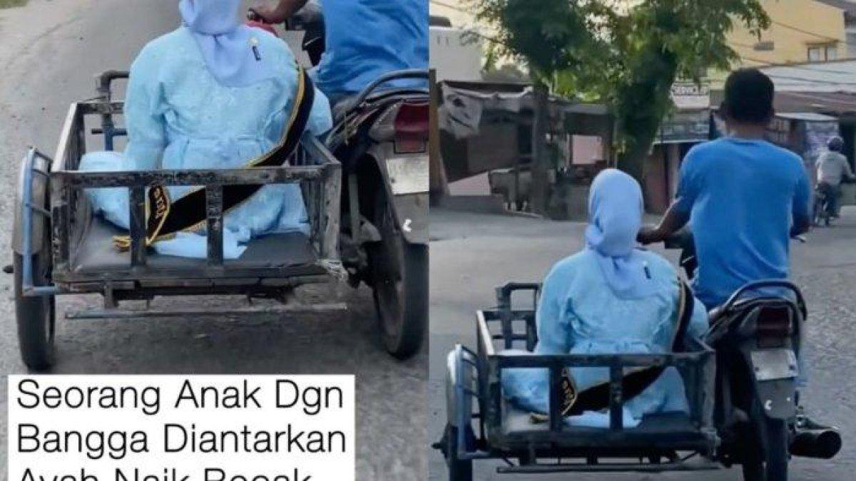 Momen haru seorang anak diantar ayahnya naik becak motor ke tempat wisuda
