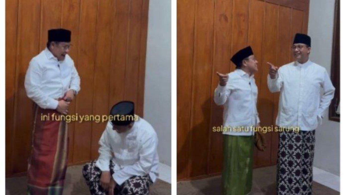 Momen ketika cawapres Muhaimin Iskandar alias Cak Imin menjelaskan tiga fungsi sarung yang biasa digunakan seorang santri kepada Anies Baswedan.