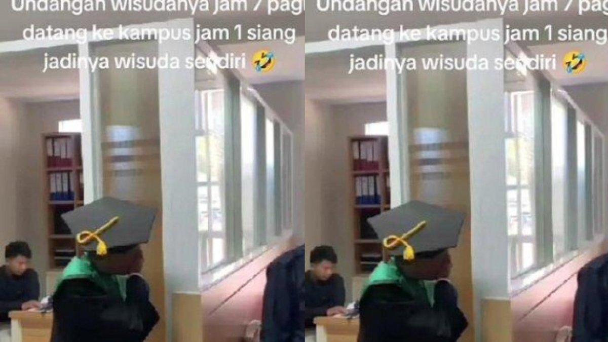 Momen saat mahasiswa wisuda sendirian gegara telat datang