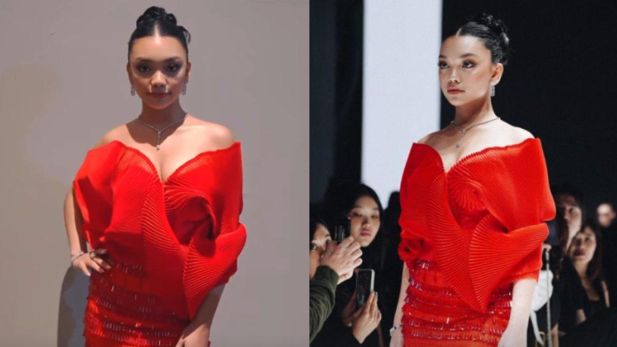 Naura Ayu memakai dress warna merah