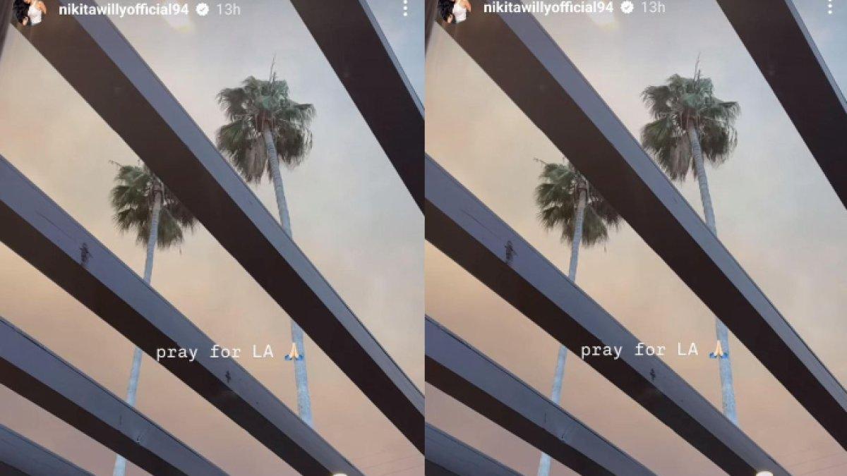 Nikita Willy mengunggah foto langit Los Angeles yang dipenuhi kabut tebal berwarna merah dan abu-abu.