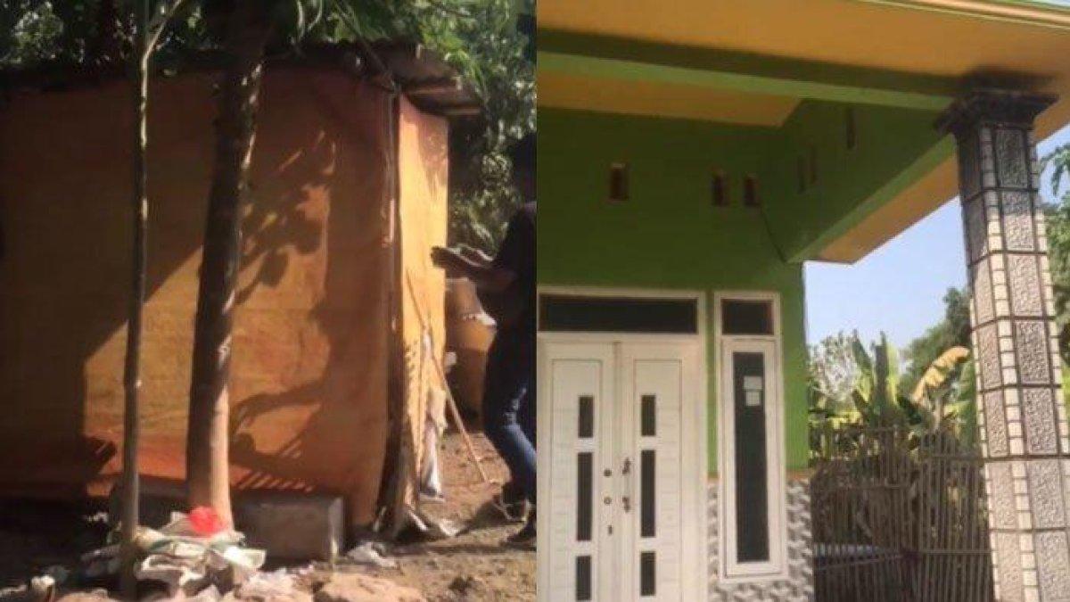 Penampakan gubuk reyot Nenek Ngatiani yang berada di depan rumah mewah anak di Mojokerto.
