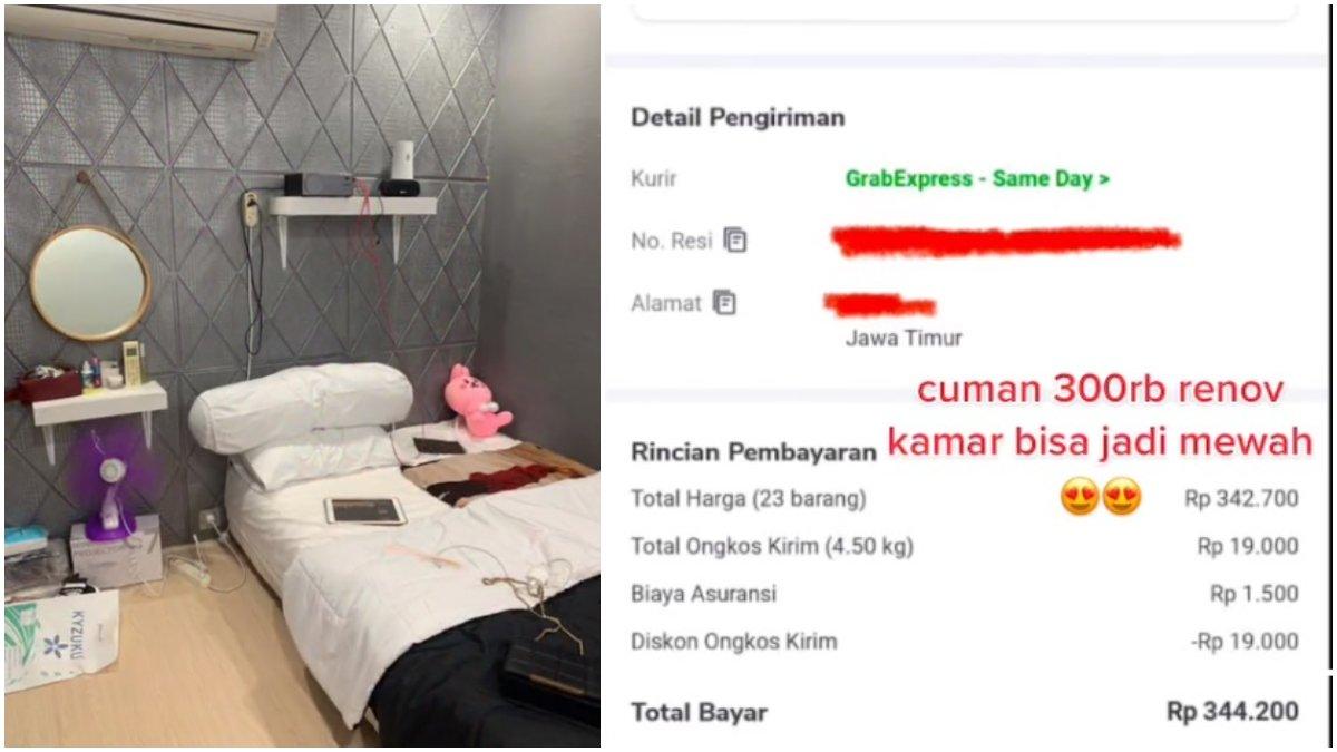 Penampakan kamar sesudah renovasi, dan nota invoice harga dekor Rp 300 ribu.