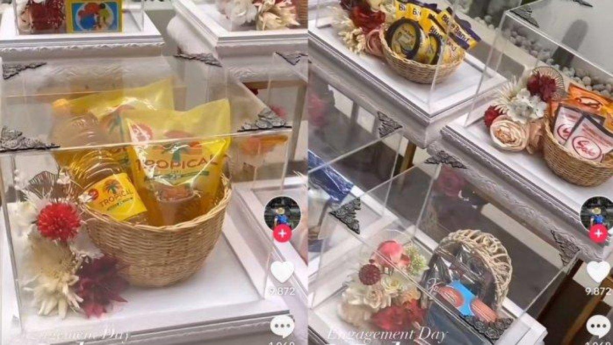 Penampakan seserahan berisi sembako itu pun viral
