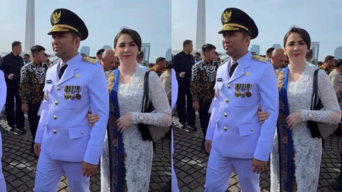 PELANTIKAN EMIL DARDAK - Penampilan Arumi Bachsin kala dampingi Emil Dardak dilantik Wakil Gubernur Jawa Timur curi perhatian.