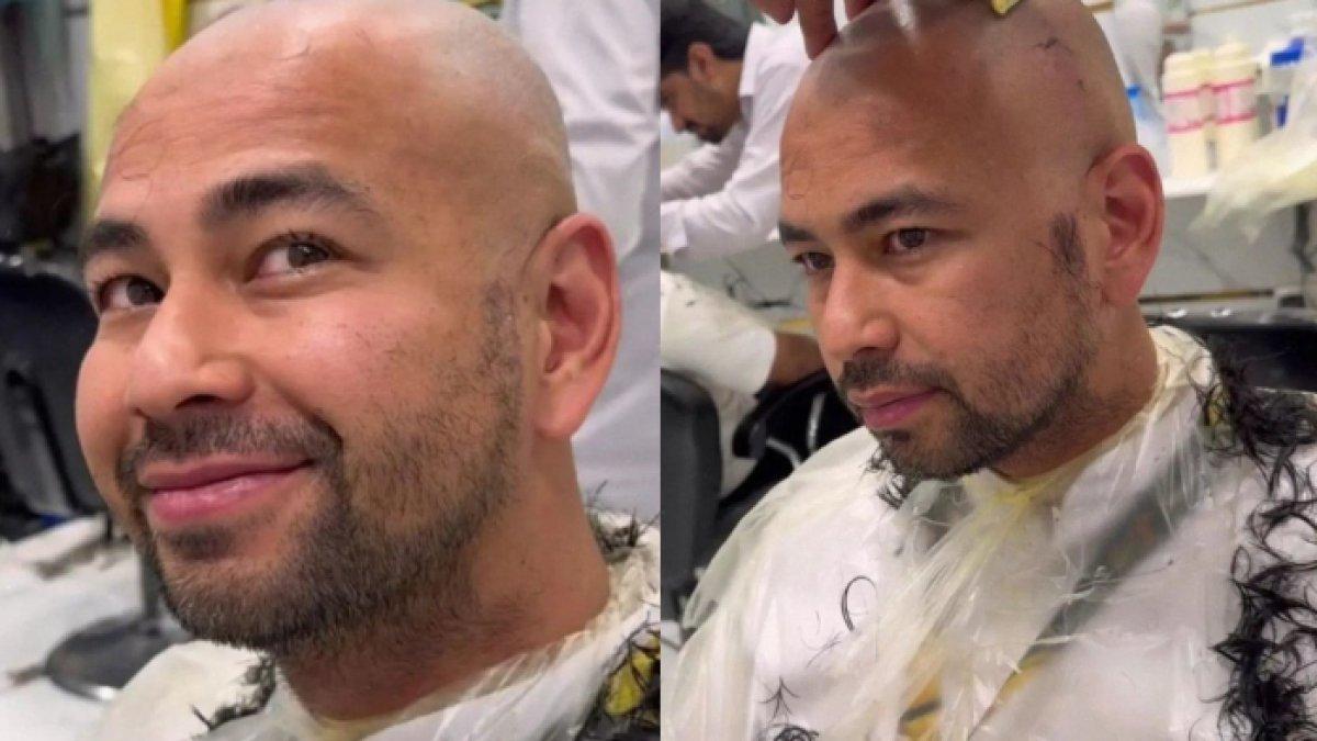 Penampilan Raffi Ahmad dengan rambut di kepalanya dicukur habis