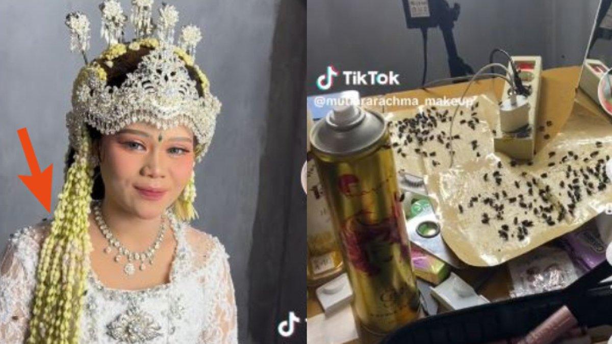 Perias wajah yang berjuang keras untuk melanjutkan proses make up sambil dikerubungi lalat