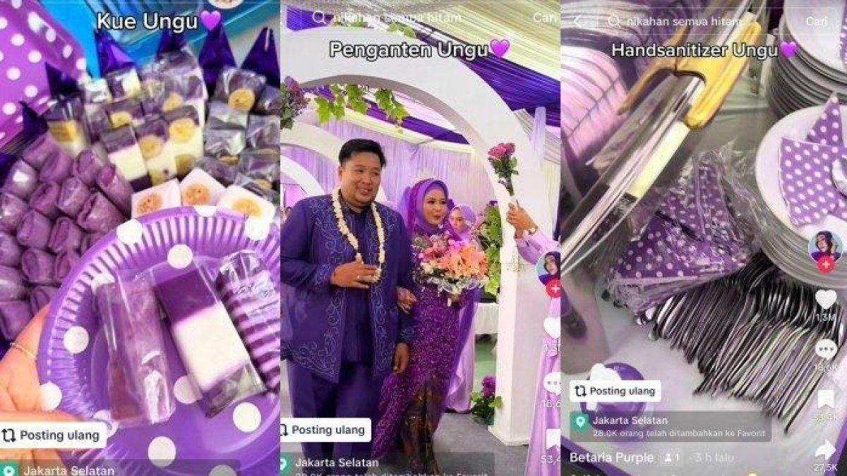 Pernikahan serba ungu dari baju, dekor, souvenir, hingga makanan